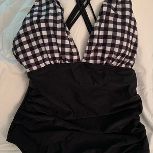 One piece women’s bathing suit black and white checkered top solid one piece